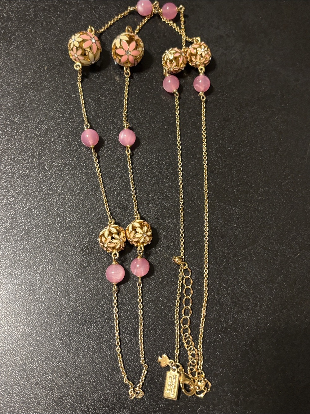 kate spade At First Blush Gold Floral Enamel Necklace with Pink Bead Drops